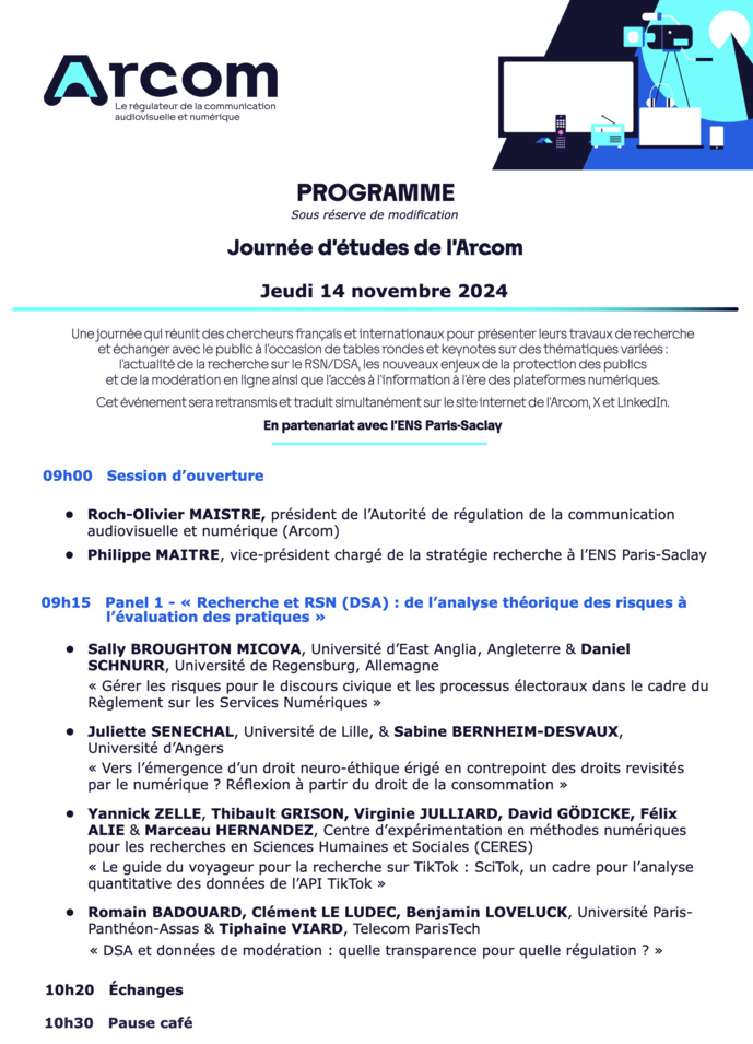 Troisième journée d'études de l'Arcom le 14 novembre